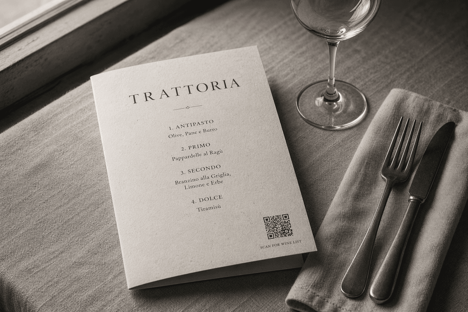 A printed restaurant menu on a linen tablecloth with a small QR code in the bottom-right corner reading Scan for wine list